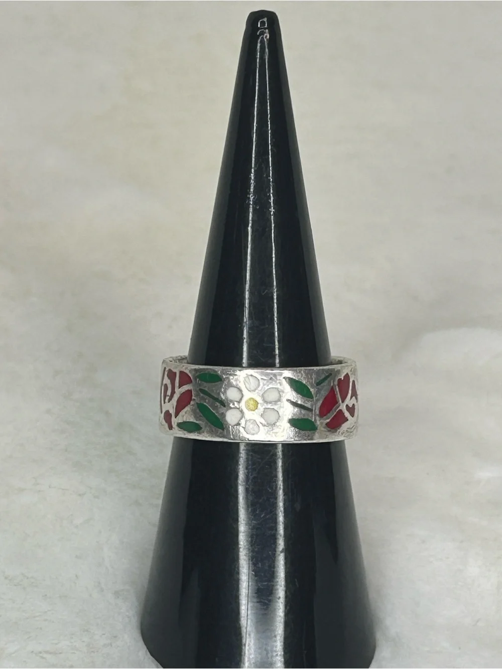 FLORAL ENAMEL INLAY STERLING SILVER 925 BAND RING